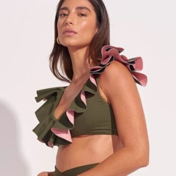 Ancora My Indulgent Bolero Bikini Top L Olive Green Pink NEW Ruffle Swimsuit - Picture 1 of 7